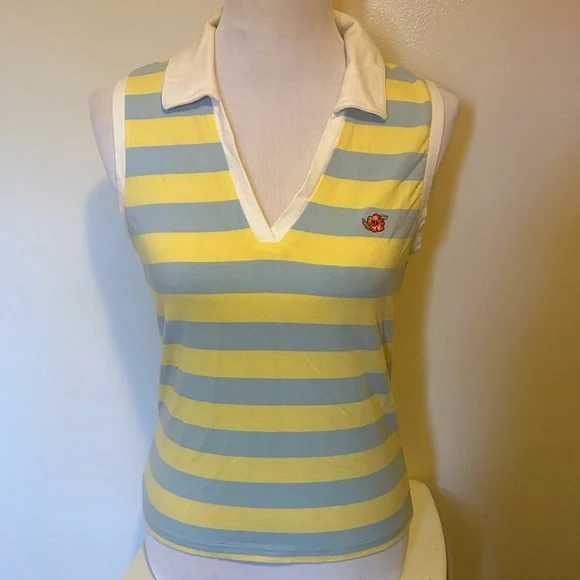 Y2K So Brand Sleeveless V-Neck Polo Top Yellow & Light Blue Stripes Juniors L - Picture 2 of 5